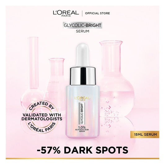 L'Oreal Paris Glycolic Bright Instant Glowing Serum, Reduces 57% Dark Spots, 15ml - Anti-Dark, Spot Brightening Face Serum - Front View
