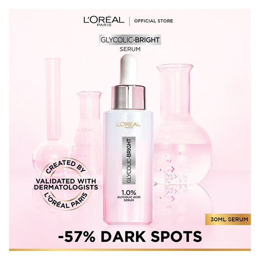L'Oreal Paris Glycolic Bright Instant Glowing Serum, Reduces 57% Dark Spots, 30ml - Anti-Dark, Spot Brightening Face Serum - Front View