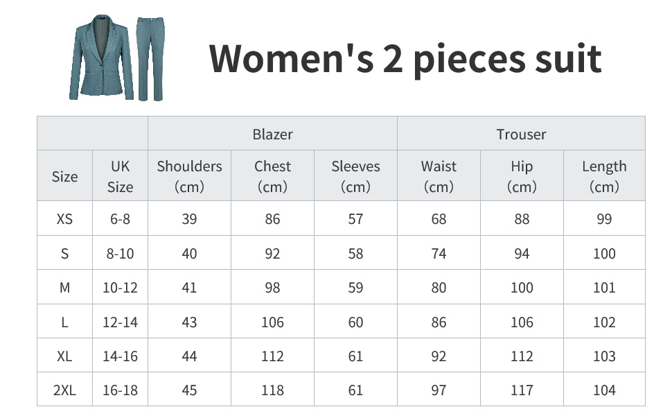 Table displaying measurements for a women's two-piece suit including blazer and trouser.