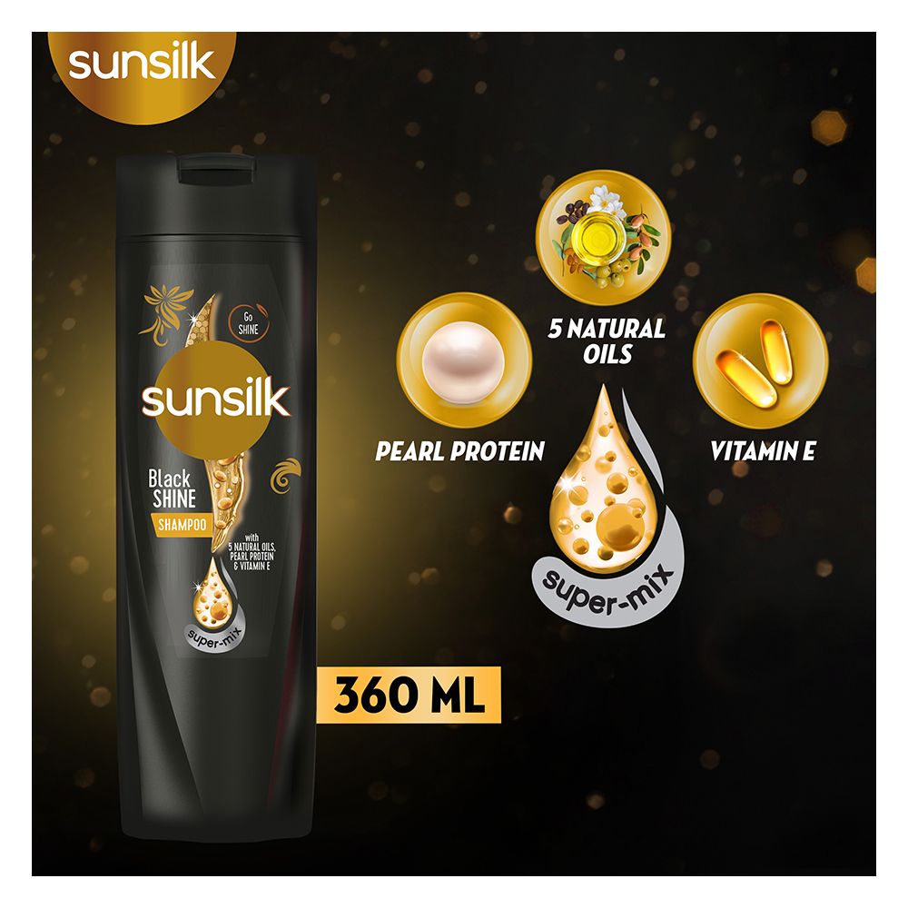 Sunsilk Black Shine 5 Naturals Oils, Pearl Protein & Vitamin E Shampoo, 360ml - Front View