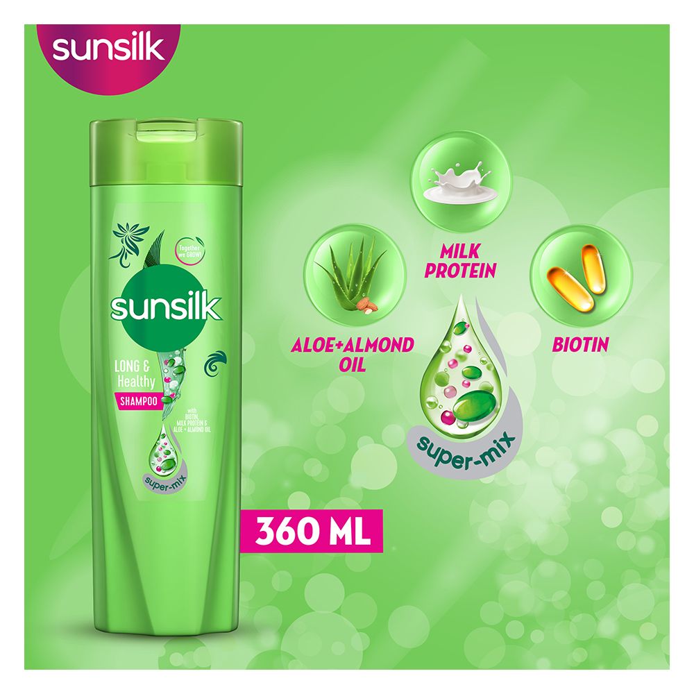 Sunsilk Long & Healthy Biotin Milk Protein & Aloe + Almond Oil Shampoo, 360ml - Front View