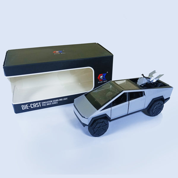 Die-Cast Tesla Cybertruck with Removable Motorcycle - Simulation Sound and Light Pull Back Series