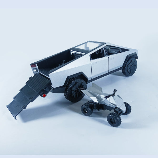 Die-Cast Tesla Cybertruck with Removable Motorcycle - Simulation Sound and Light Pull Back Series