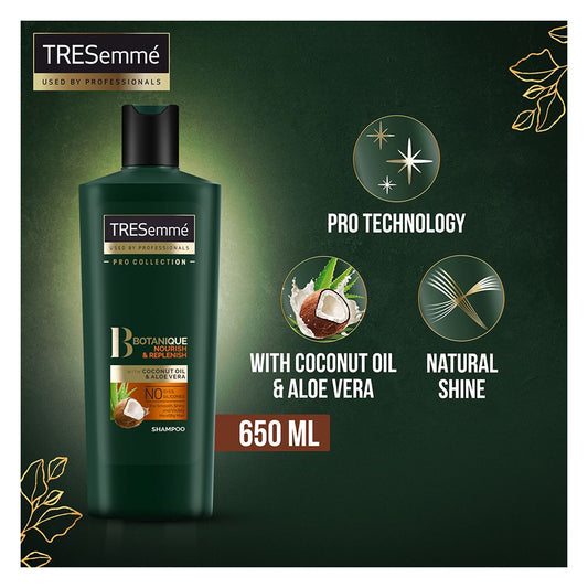 Tresemme Botanique Nourish & Replenish Coconut Oil & Aloe Vera Shampoo, For Smooth, Shiny & Visible Healthy Hair, 650ml - Front View