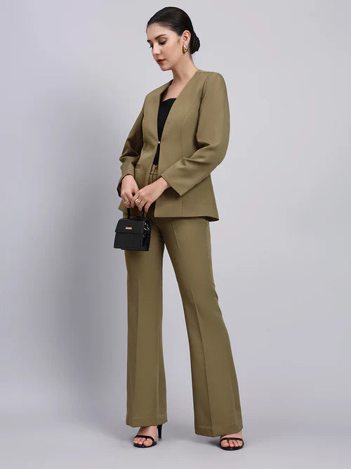 Side view willow green pantsuit women stretch formal blazer trousers set
