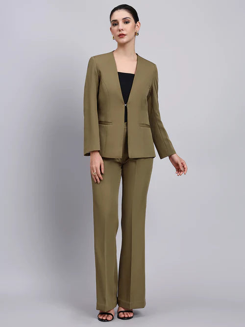 Willow green stretch formal pantsuit for women front view office wear Pakistan