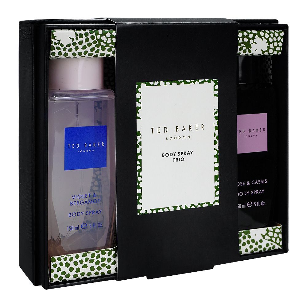 Ted Baker Body Spray Trio, Violet & Bergamot + Rose & Cassis + Raspberry & Orange Blossom, 150ml Each - Front View